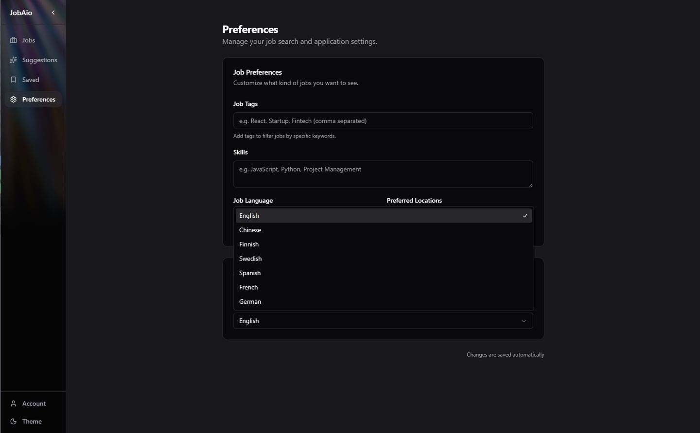 Preferences screen with selected job tags, a skills list and a job-language selector